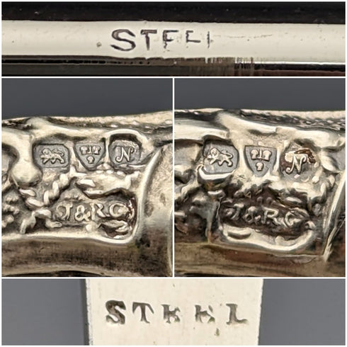 1913 年英國古董純銀手柄鞋拔鈕扣掛鉤套裝裝在 J & R Griffin 盒中